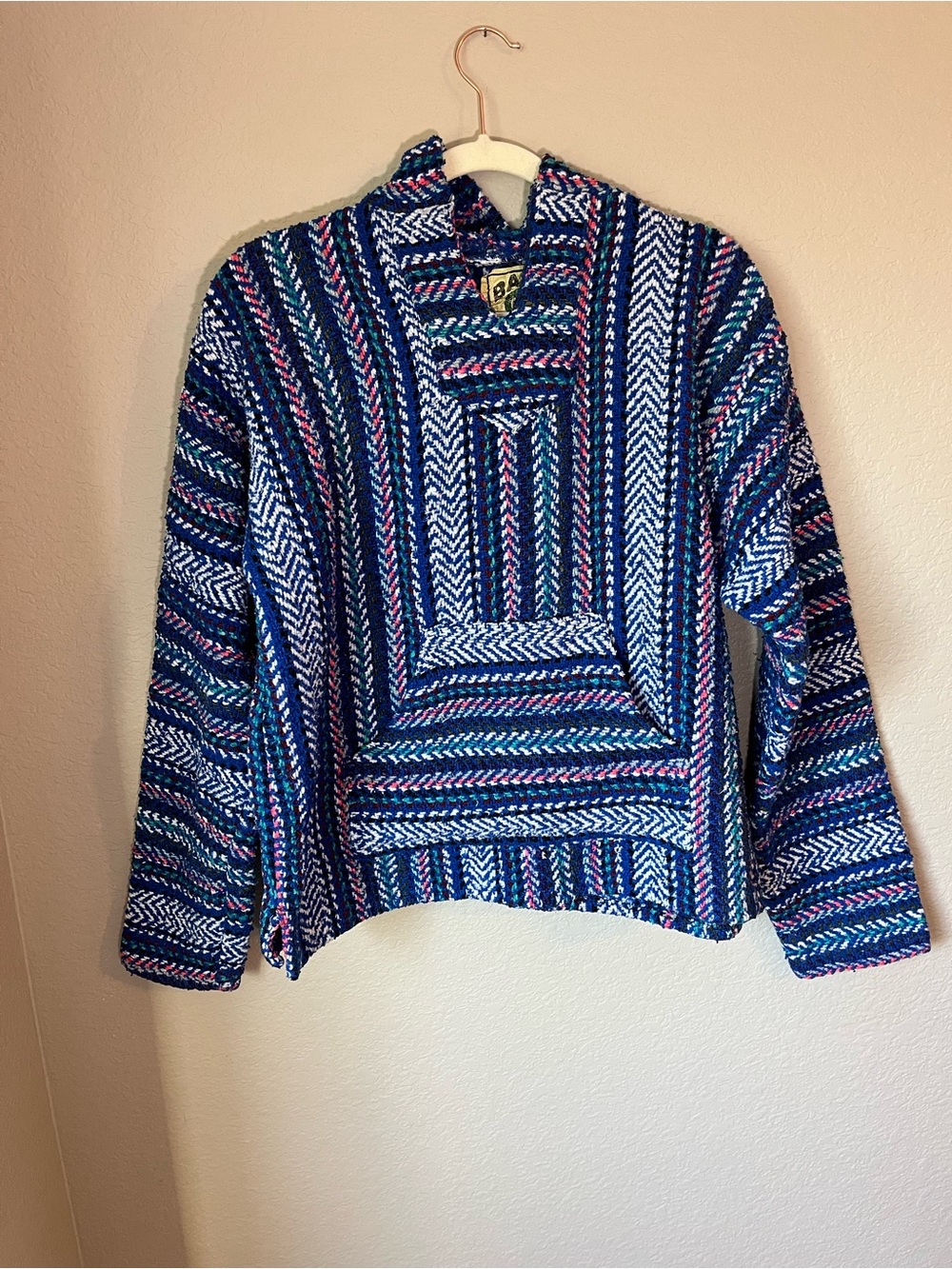 Baja Joe Drug Rug Hoodie Blue Multicolor Woven Pullover Sz S